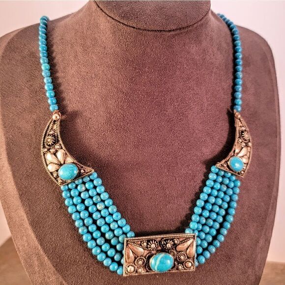 Vintage 900 Silver Turquoise Beaded Bib Boho Statement Necklace - Picture 1 of 11